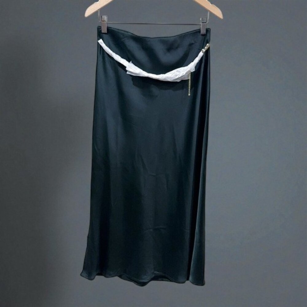 NWT Rachel Zoe Green Satin Slip Midi Skirt with Pearl Chain - Picture 2 of 7
